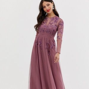 Petite long sleeve maxi dress in embroidered mesh